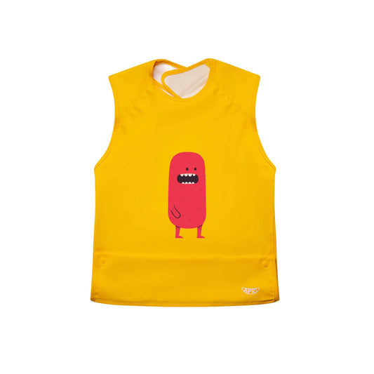 Washable bib for kids, teens and adults with disabilities. Yellow cap-sleeve with food collection pocket and cute red monster print