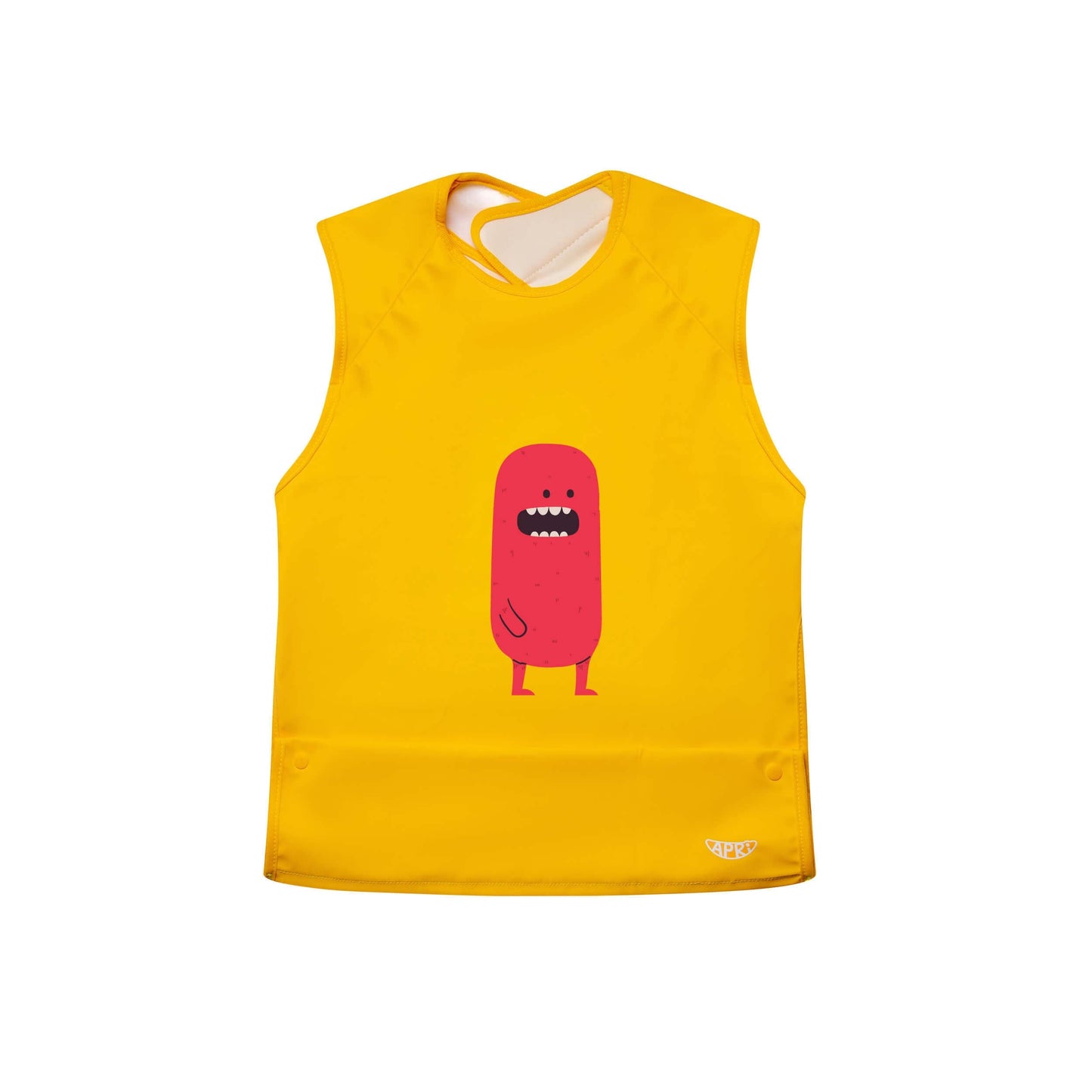 Washable bib for kids, teens and adults with disabilities. Yellow cap-sleeve with food collection pocket and cute red monster print