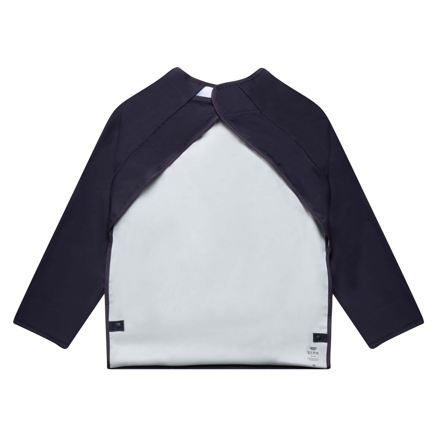 Apri Bib: Sensory-friendly in dark blue, long sleeves, food pocket, and washable silicone fastener for kids, teens, and adults with disabilities