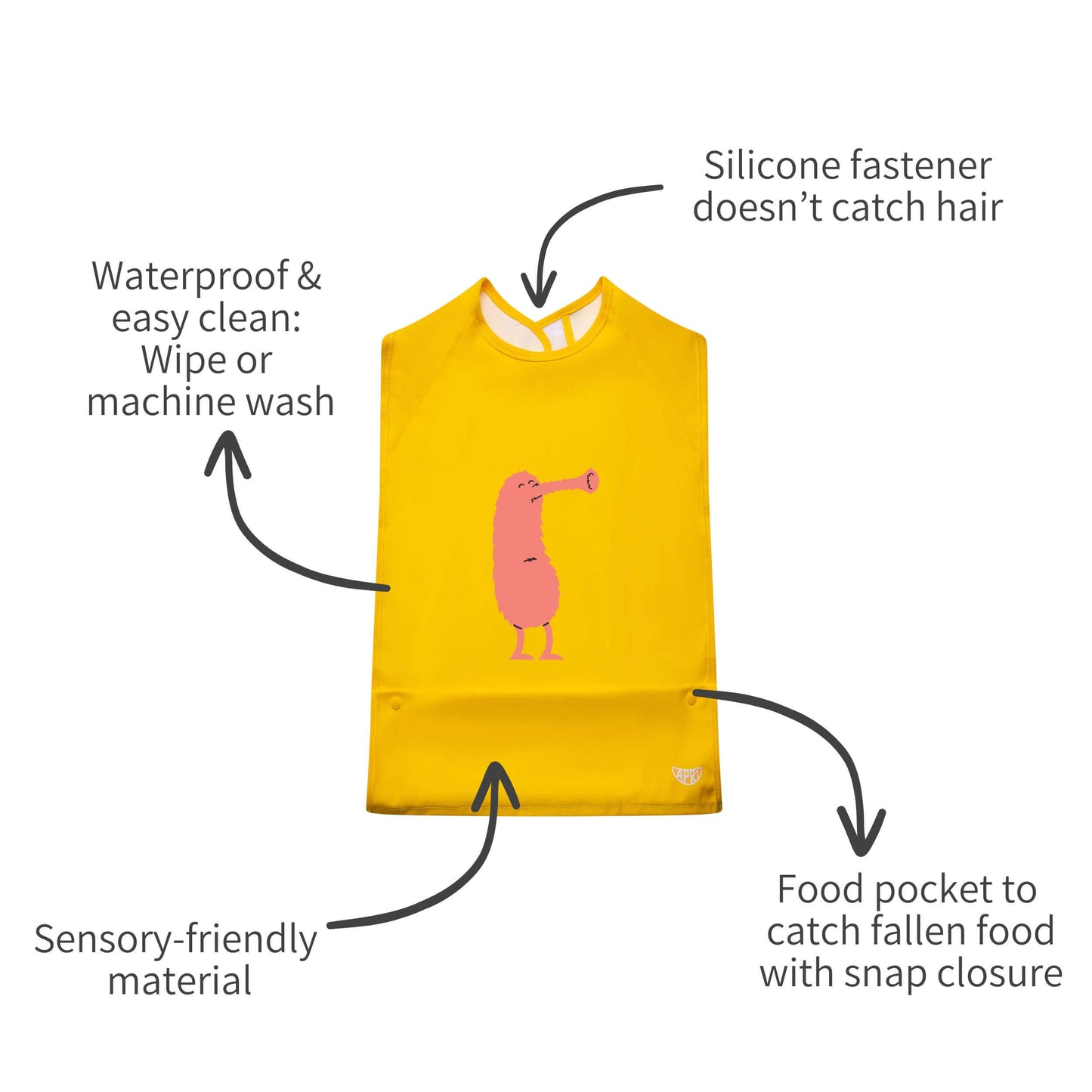 Apri stylish bib featuring food pocket for kids and adults with disabilities