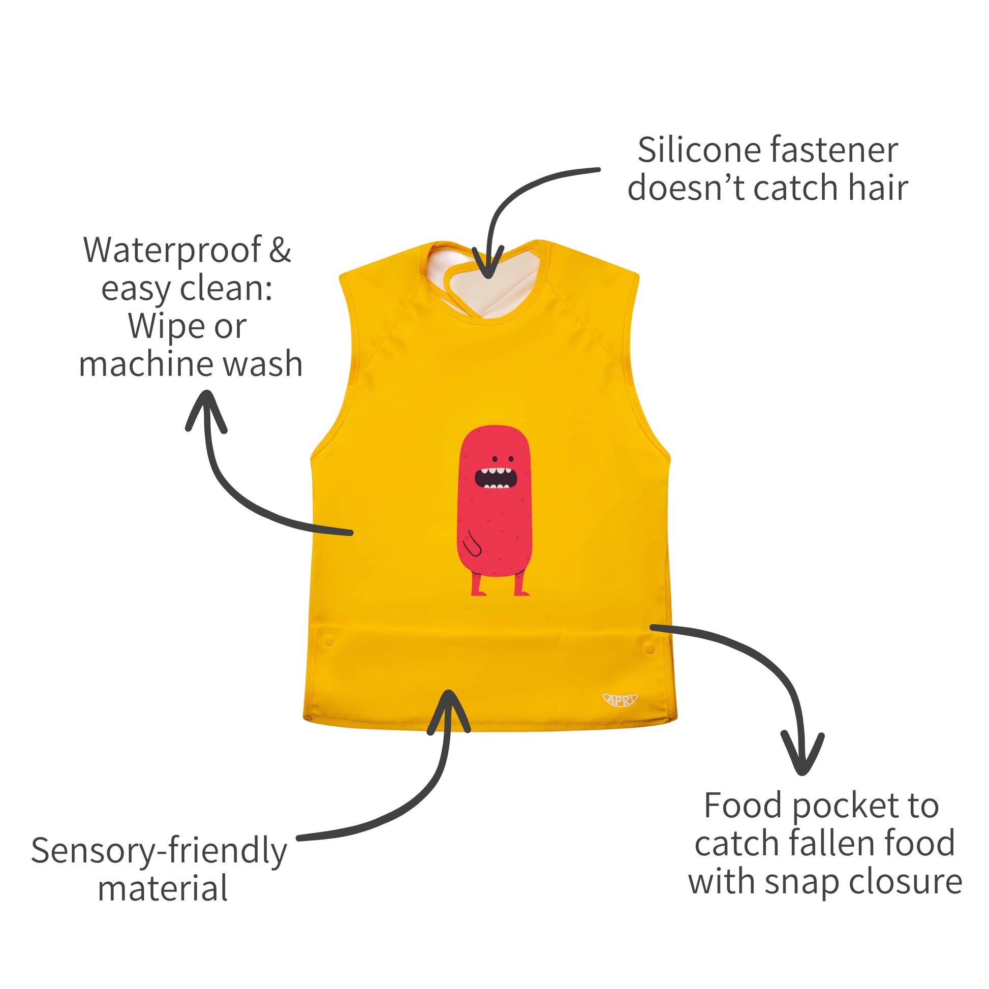 Food pocket on an Apri bib promotes dignified eating for kids and teens with disabilities