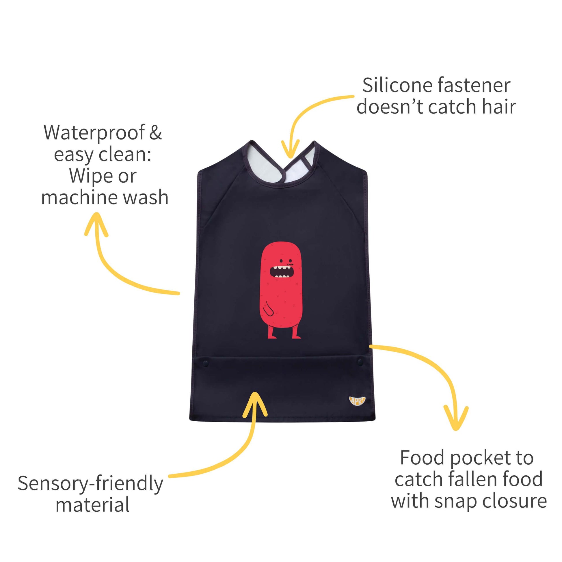 Easy-clean Apri waterproof bib for kids, teens and adults  reduces laundry hassle 