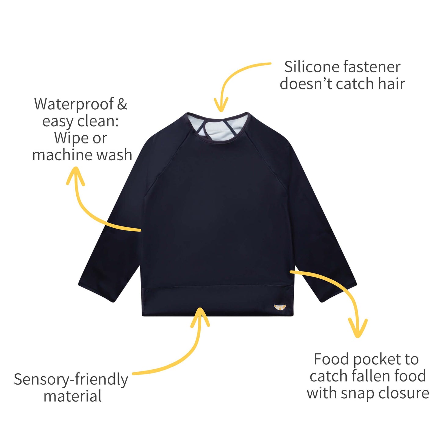 Food catching pocket on an Apri waterproof bib minimizes mealtime messes for teens.