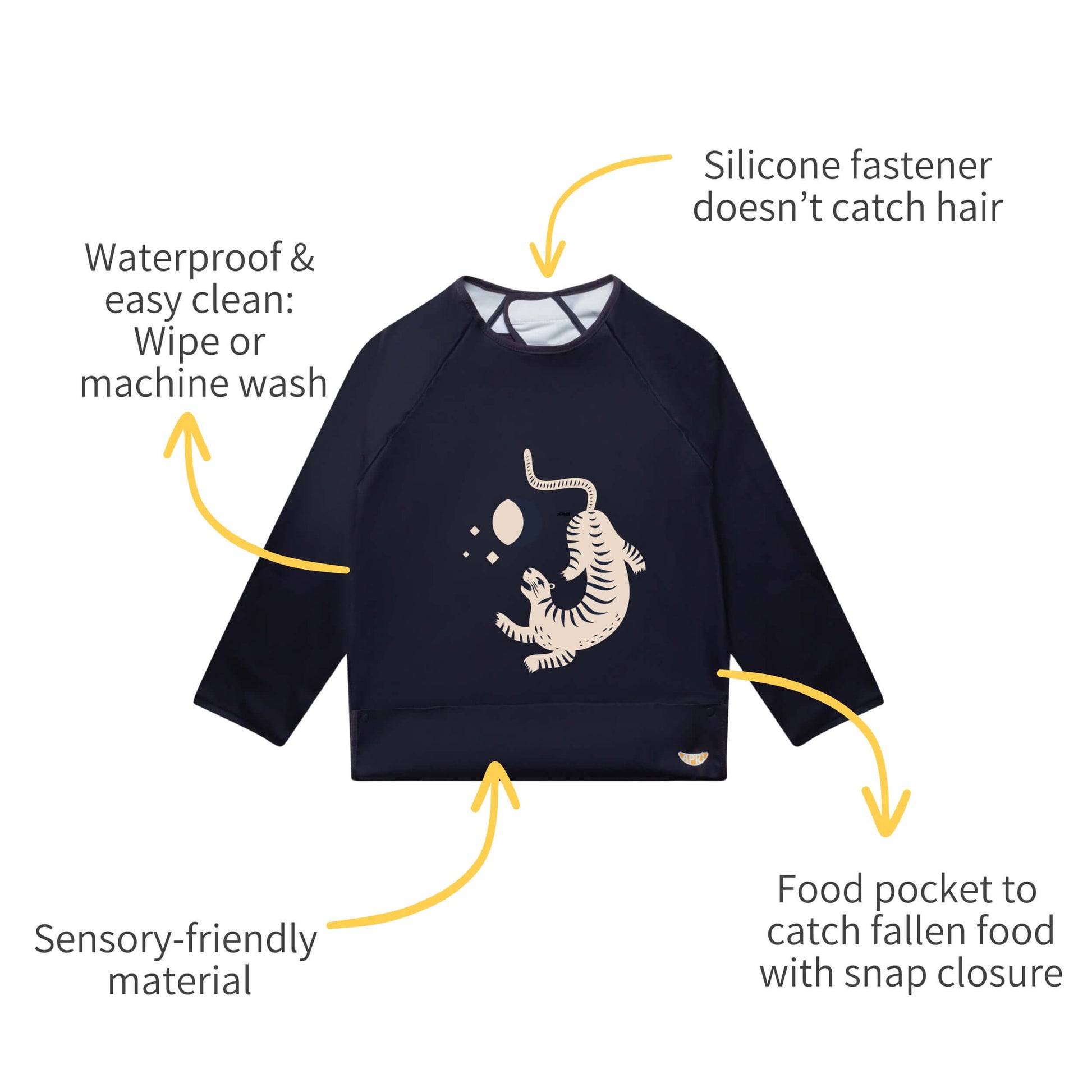 Machine-washable Apri waterproof bib makes mealtime cleanup a breeze