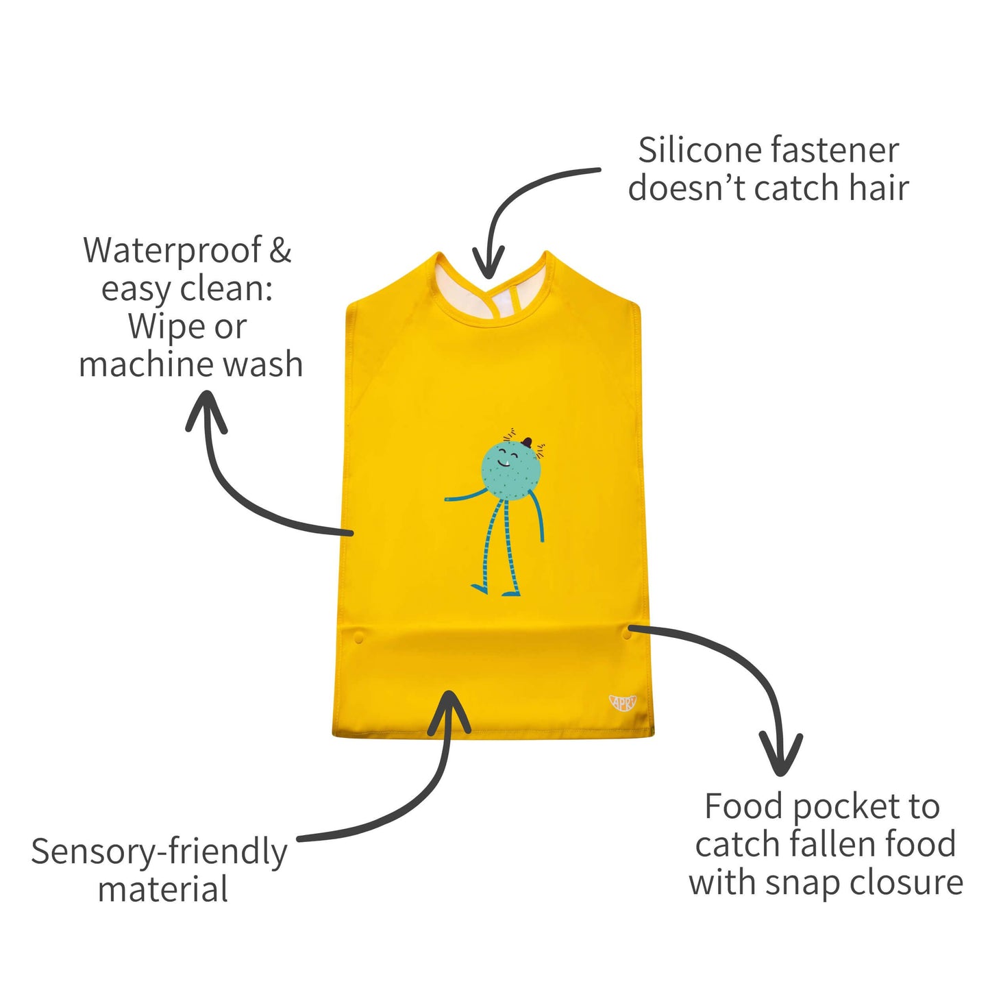 Machine-washable Apri bib for kids, teens and adults with silicone fastener .