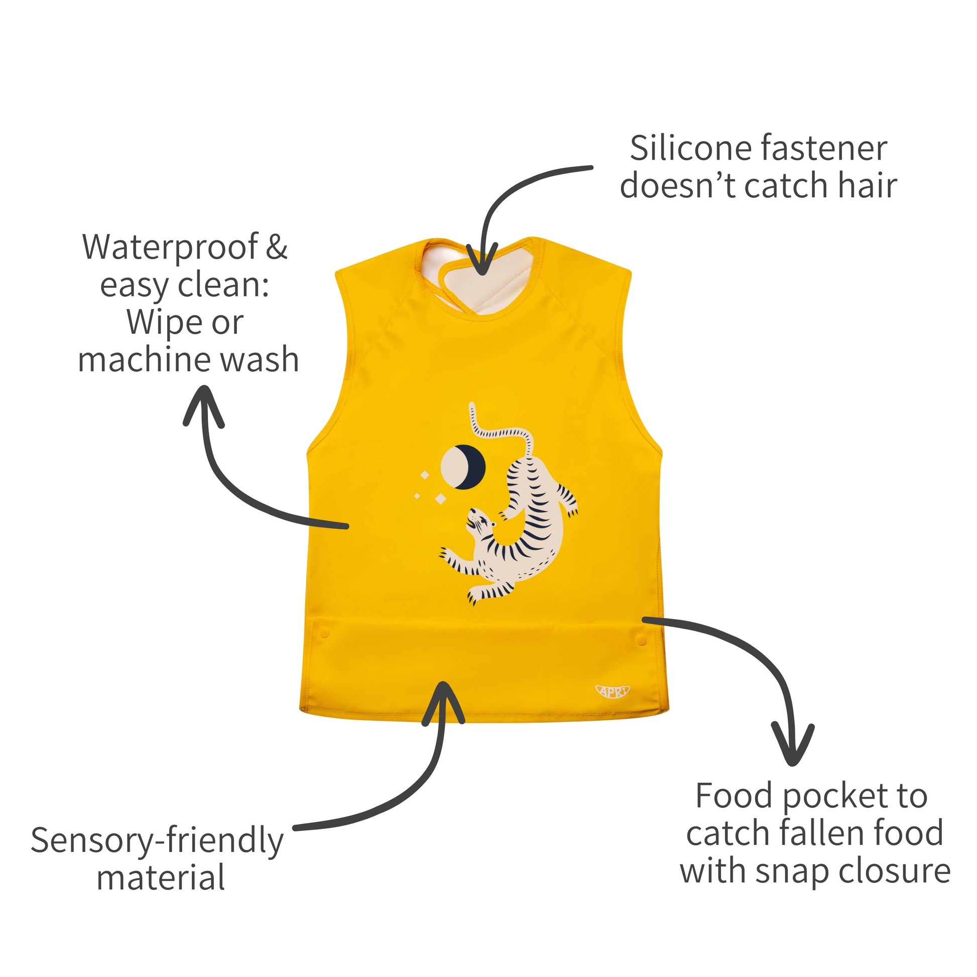 Machine-washable Apri special needs bib simplifies cleaning and laundry