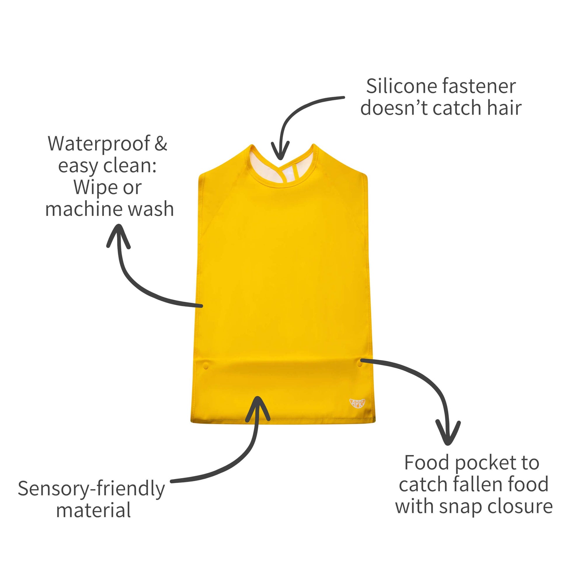 Apri special needs bib featuring crumb pocket for comfortable meals (kids, teens, adults)