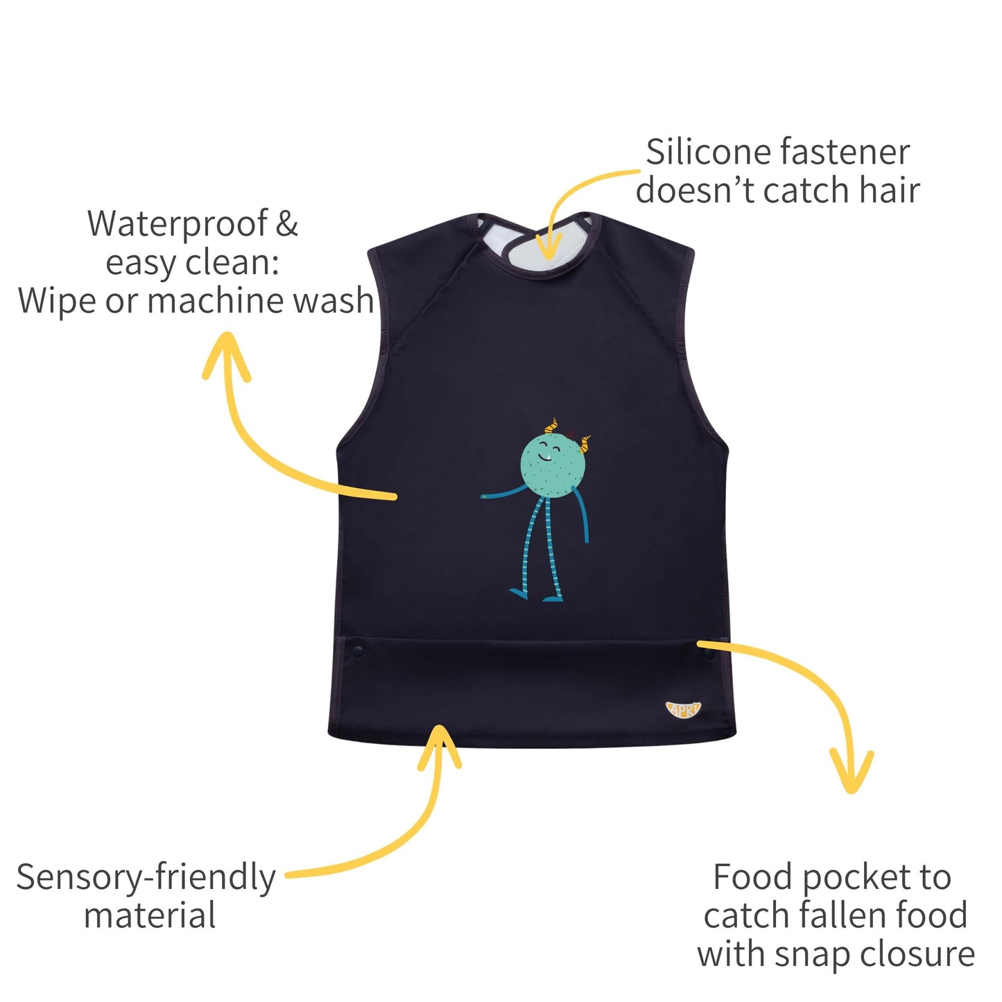 unique apri bib features, waterproof, food pocket , sensory friendly material
