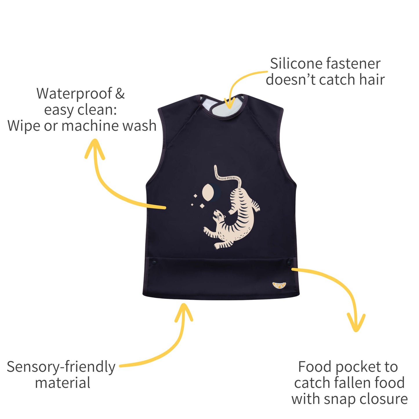 Machine washable, sensory friendly Apri bib with silicone fastener and food collection pocket. Unique features for kids and adults with special needs