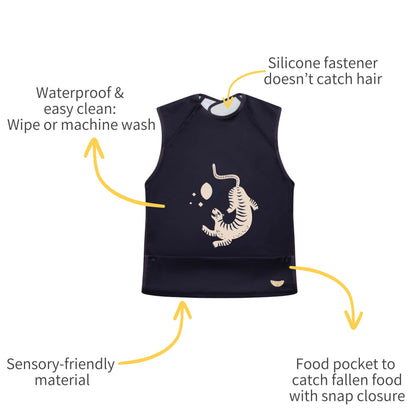 Machine washable, sensory friendly Apri bib with silicone fastener and food collection pocket. Unique features for kids and adults with special needs