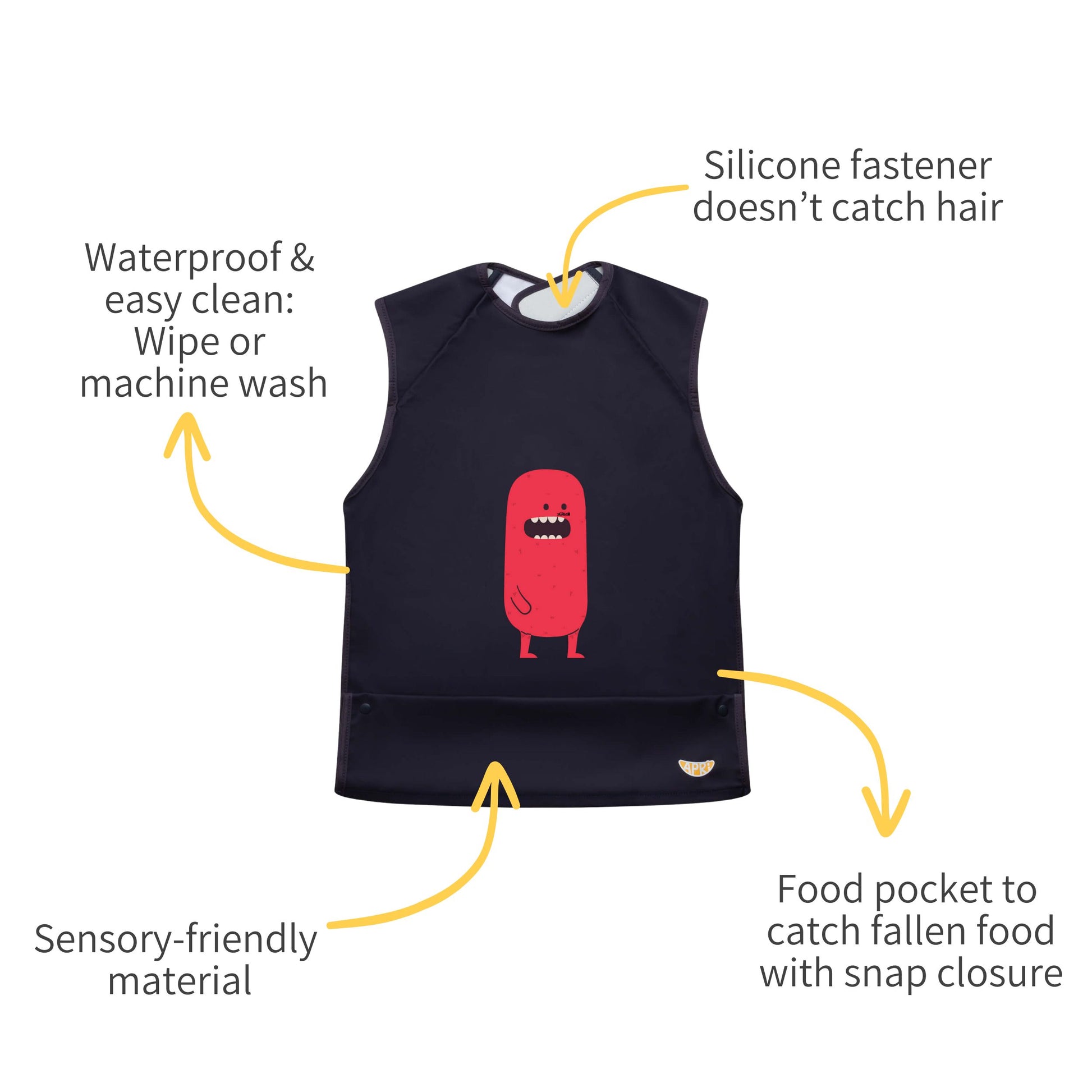 Apri waterproof disability bib with food collection pocket for comfortable mealtimes.