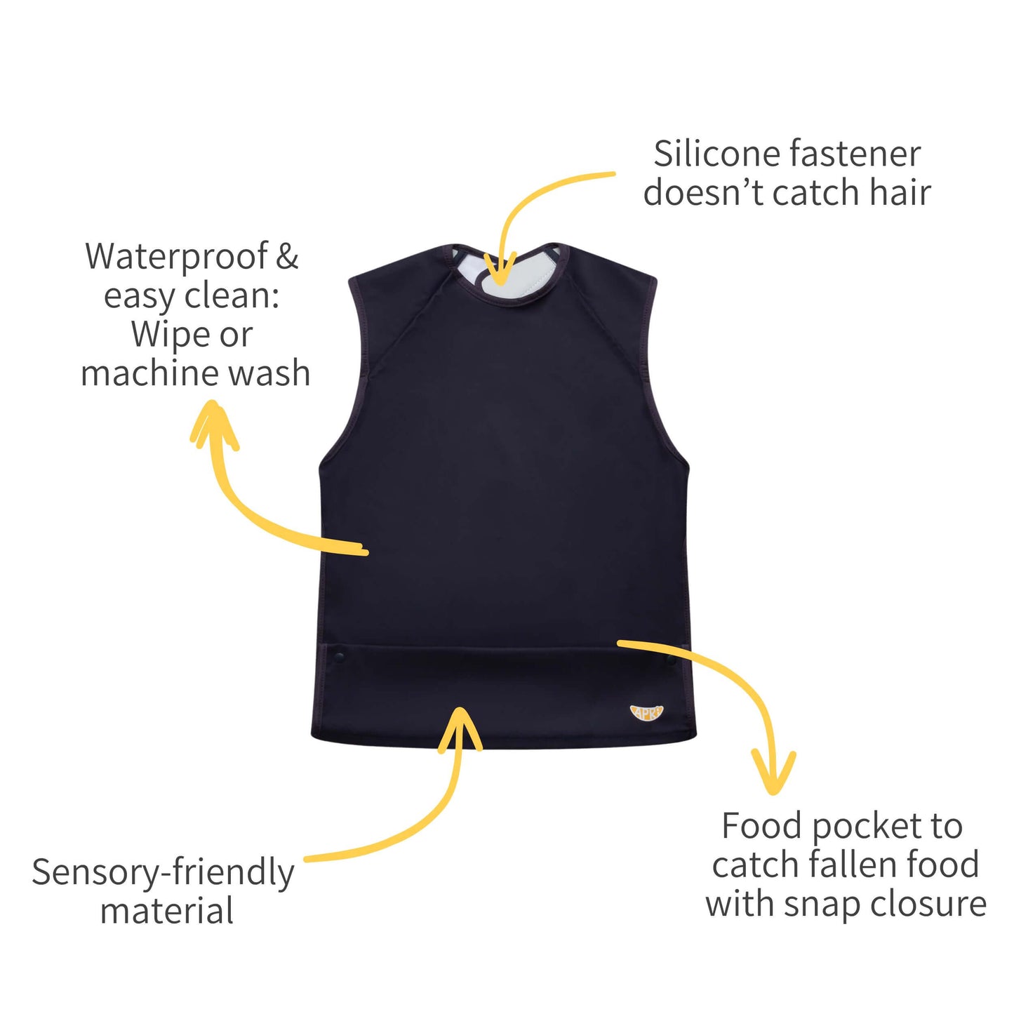 Apri sensory-friendly waterproof bib designed for kids, teens, and adults with disabilities