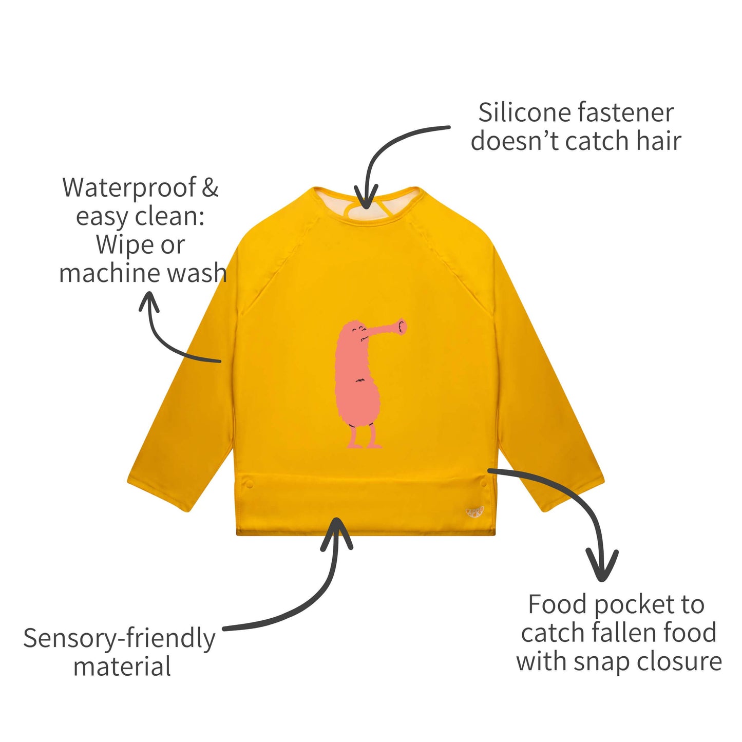Easy clean Apri bib fosters independent eating for kids,teens and adults with disabilites.