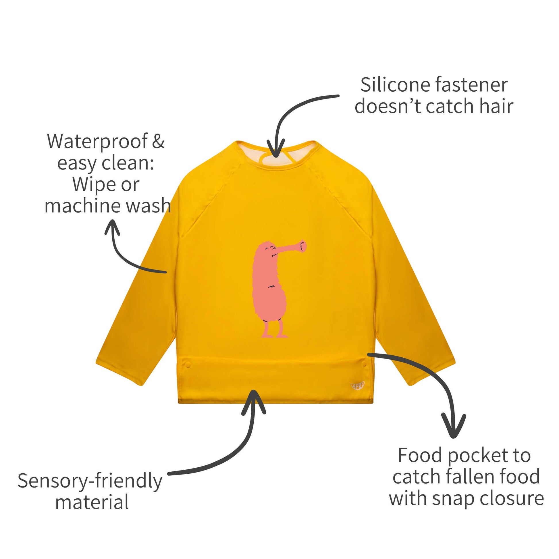 Easy clean Apri bib fosters independent eating for kids,teens and adults with disabilites.