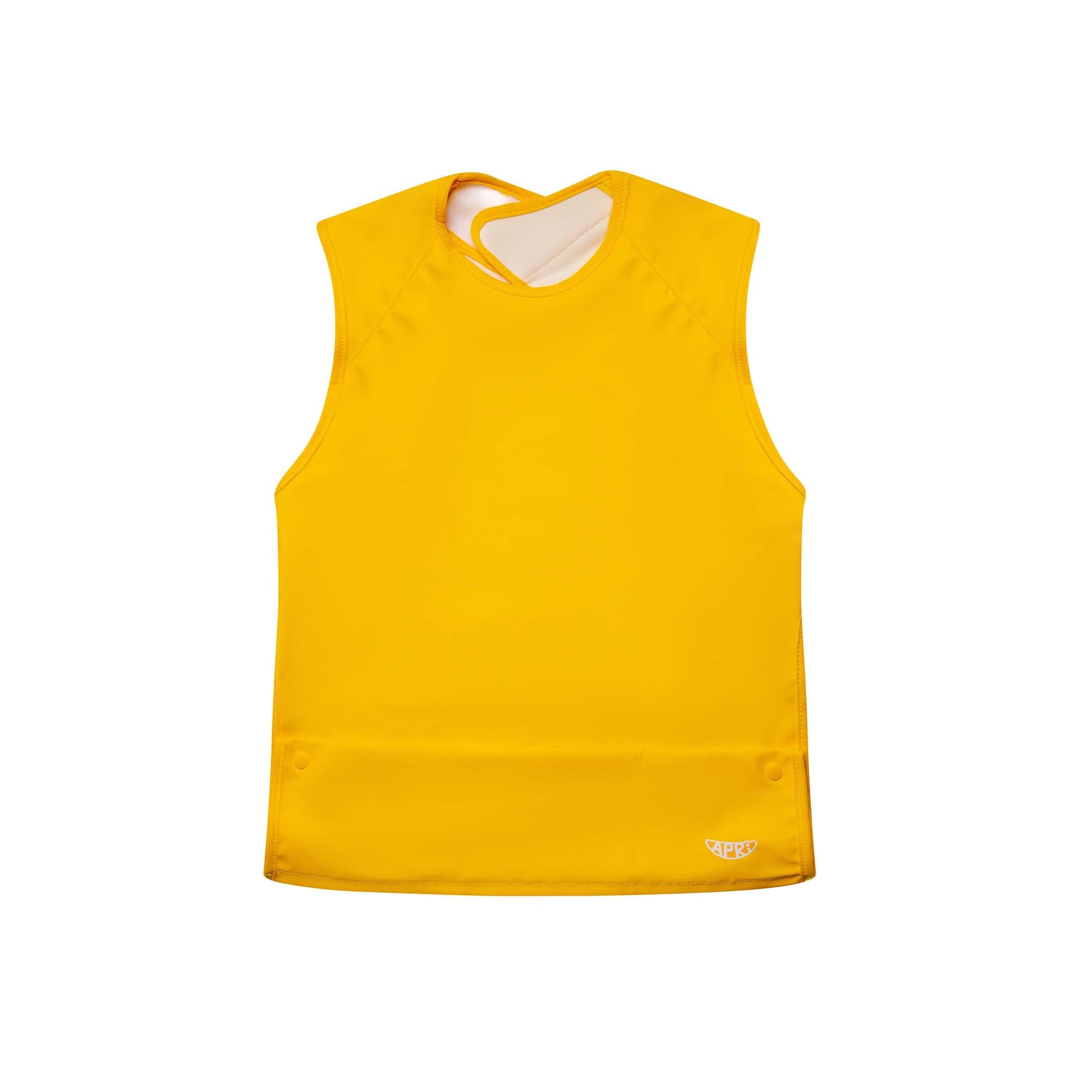 Waterproof bib for kids, teens and adults with disabilities. Yellow cap sleeve with food collection pocket