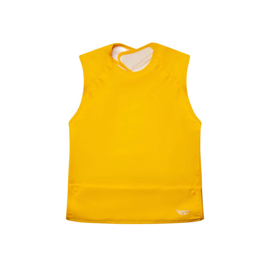 Waterproof bib for kids, teens and adults with disabilities. Yellow cap sleeve with food collection pocket