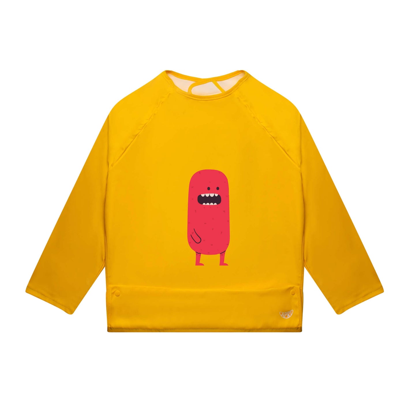 Apri Washable bib for kids, teens, and adults with disabilities. Sunshine yellow, cute red monster design, long-sleeves, and handy food pocket