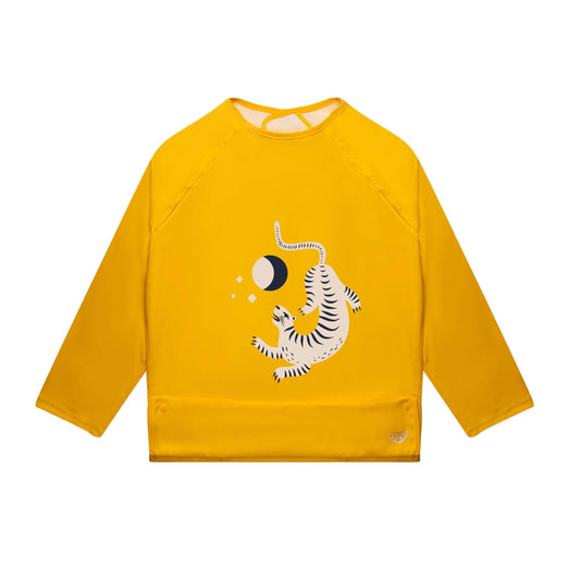 Waterproof bib for kids, teens, and adults with special needs. Sunshine yellow with leopard design, long sleeves by Apri bibs