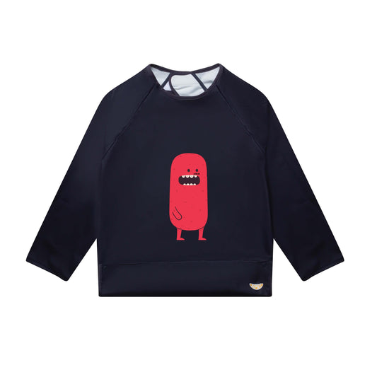 Apri Waterproof bib for kids, teens, and adults with disabilities. Dark blue cute red monster design, long-sleeves, and handy food pocket