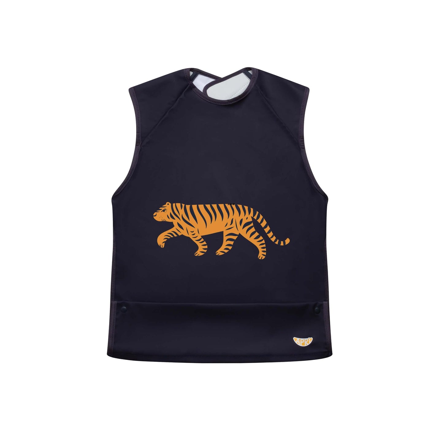 Waterproof Apri bib for kids, teens and adults with disabilities. Dark blue cap-sleeve tiger picture with food collection pocket