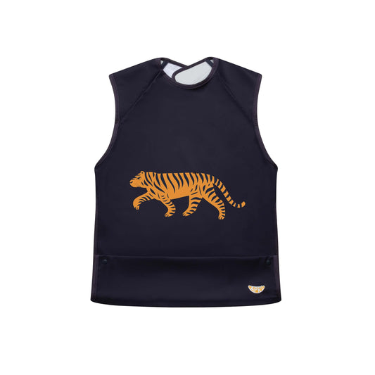 Waterproof  Apri bib for kids, teens and adults with disabilities. Dark blue cap-sleeve tiger picture with food collection pocket
