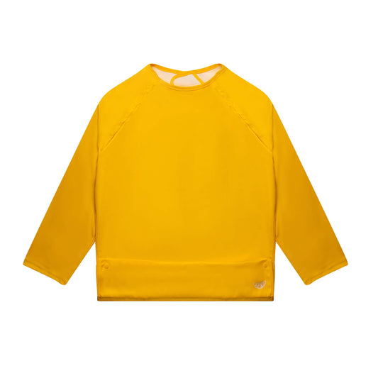 Waterproof bib for kids, teens, and adults with disabilities by Apri Bibs. Sunshine yellow, long-sleeves, and handy food pocket