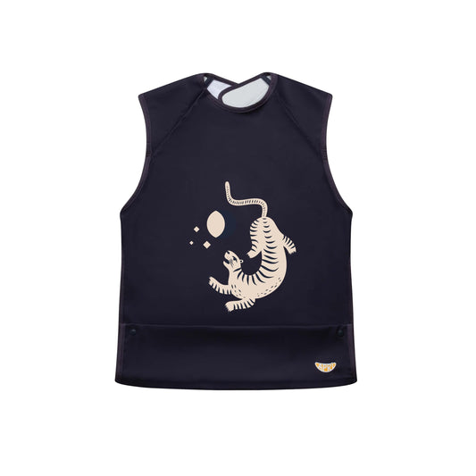 Apri bib for kids, teens and adults with disabilities. Dark blue cap-sleeve with leopard design and food collection pocket