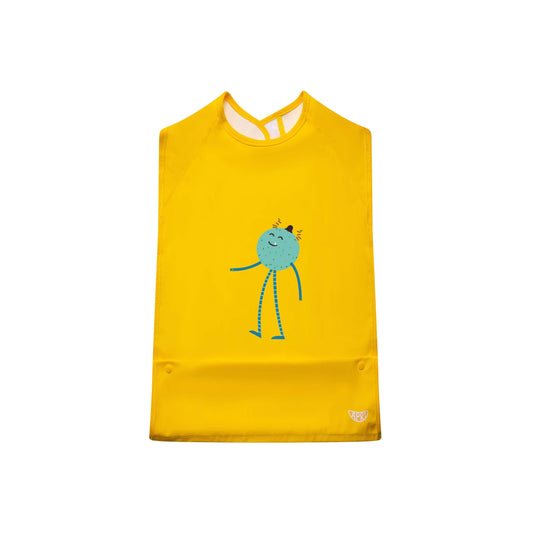 Washable disability bibs for  kids, teens and adults. Sunshine yellow , sleeveless. Features a food pocket, innovative fastener, and cute monster graphic