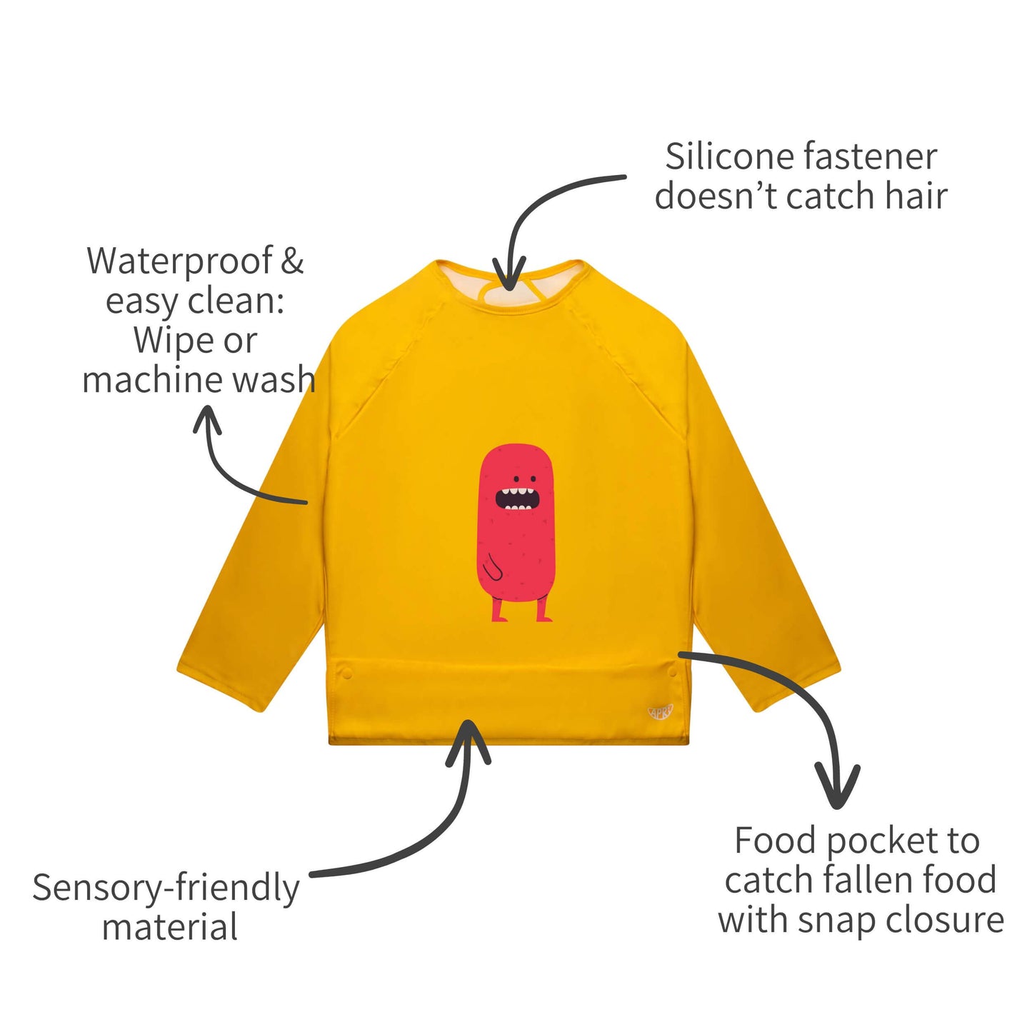 Apri bib with sensory-friendly material promotes comfortable mealtimes for kids and adults with disabilities
