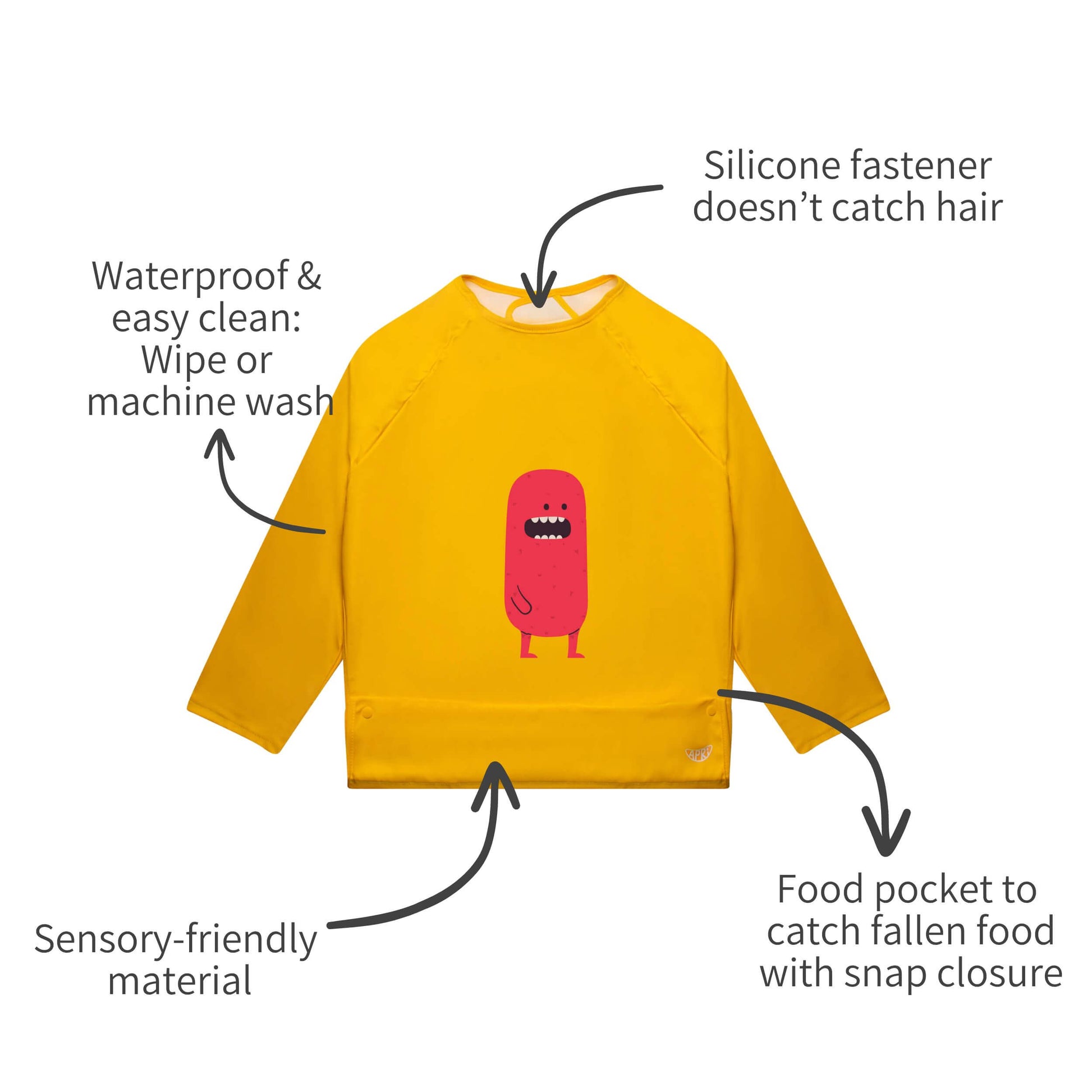 Apri bib with sensory-friendly material promotes comfortable mealtimes for kids and adults with disabilities