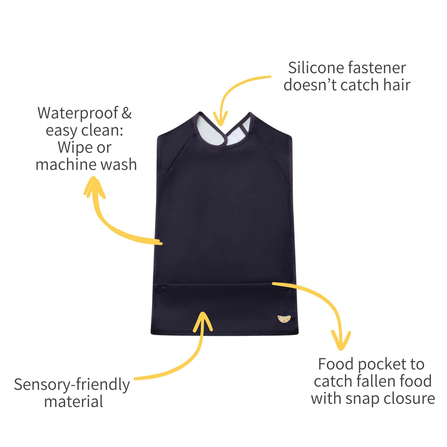 Easy-clean Apri bib promotes stress-free mealtimes for adults and kids with disabilities