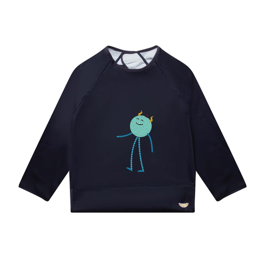 Apri reusable bib for kids, teens, and adults with disabilities. Dark blue, playful leggy monster, long sleeves, and food pocket