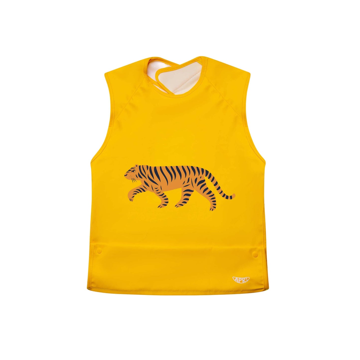 Reusable bib for kids, teens and adults with disabilities. Yellow cap-sleeve tiger picture with food collection pocket by Apri