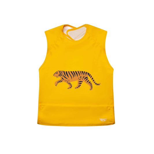 Reusable bib for kids, teens and adults with disabilities. Yellow cap-sleeve tiger picture with food collection pocket by Apri