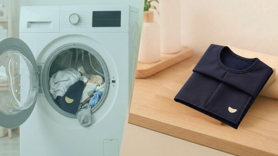 A split-screen view illustrating the process for washable bibs for the elderly. On the left, a modern white washing machine is ready to clean. On the right, clean and neatly folded adult bibs rest on a wooden counter, ready for use.