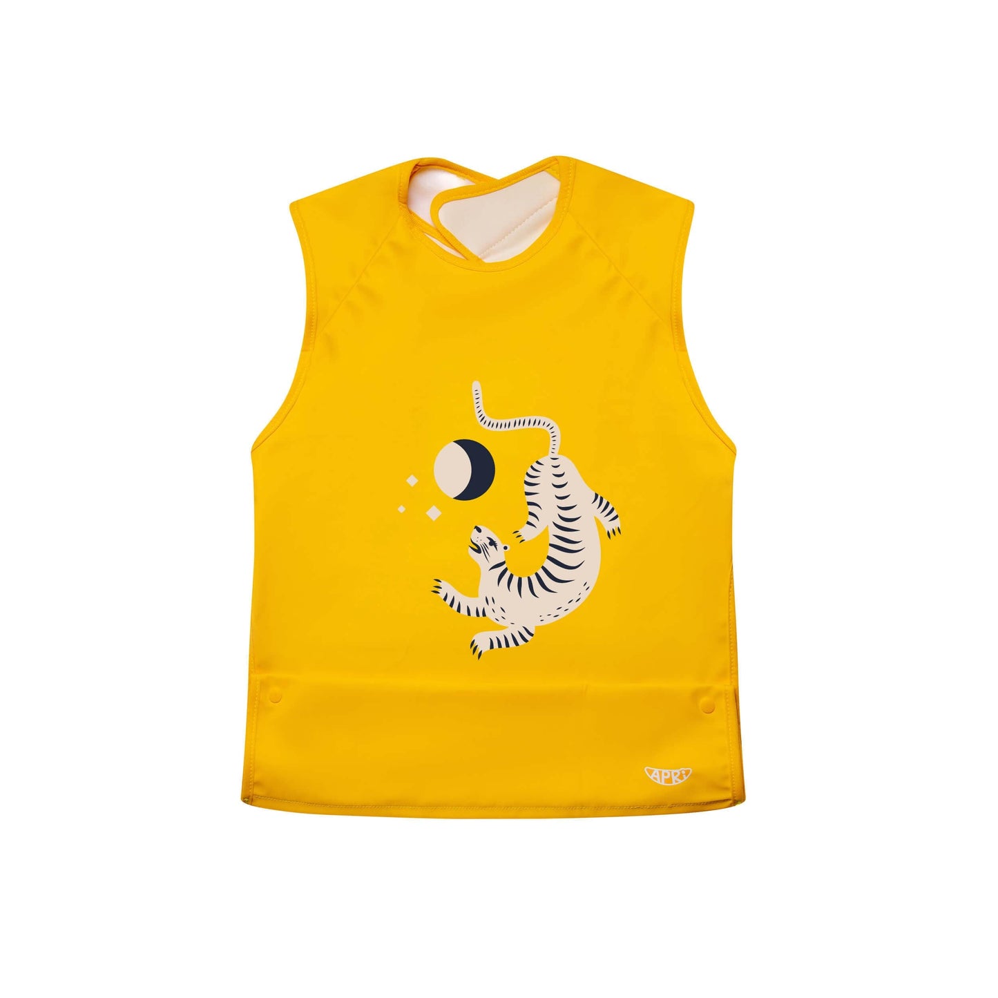 Special needs Apri bib for kids, teens and adults. Yellow cap-sleeve with leopard design and food collection pocket