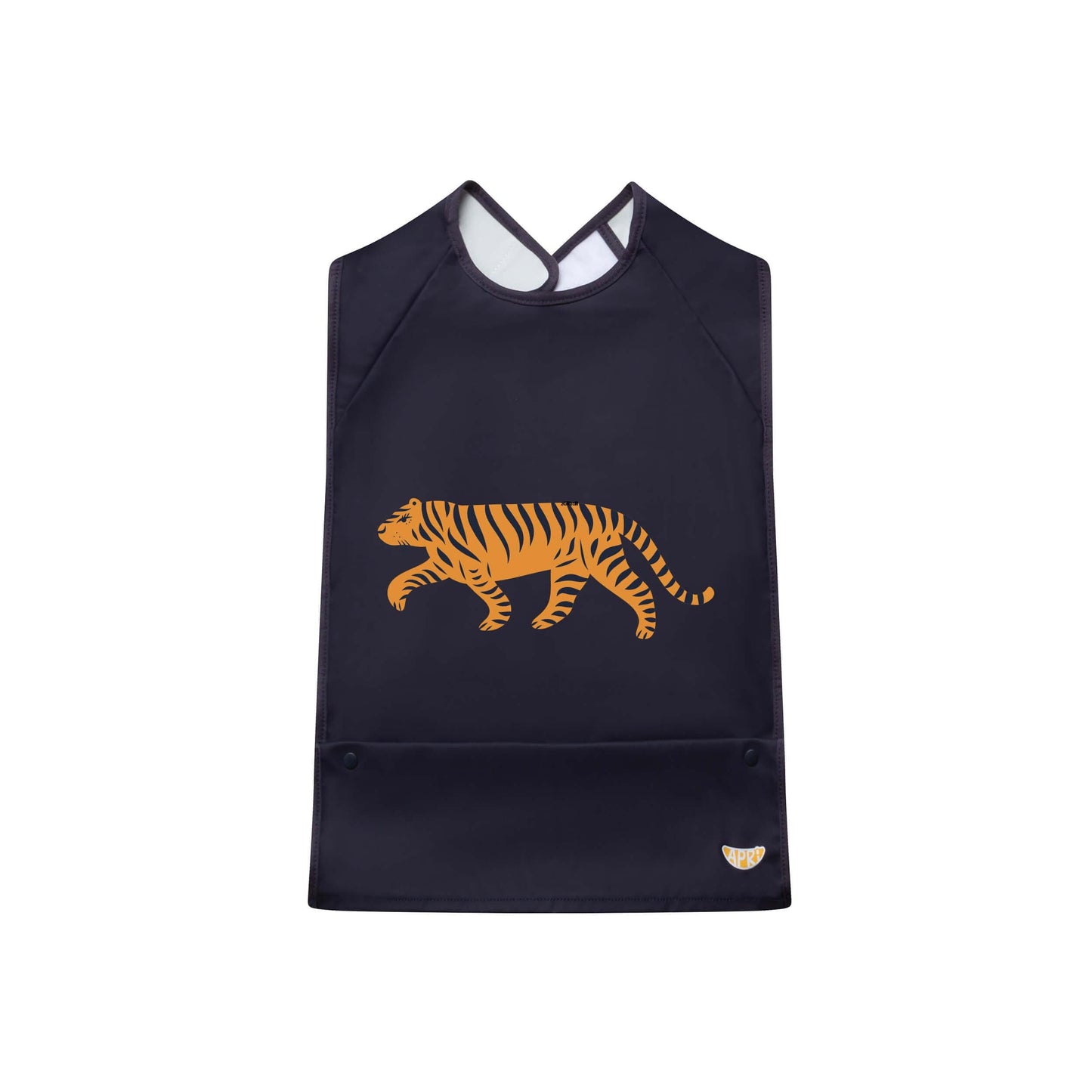 Waterproof  Apri bib for kids, teens and adults with disabilities. Dark blue sleeveless tiger picture with food collection pocket 