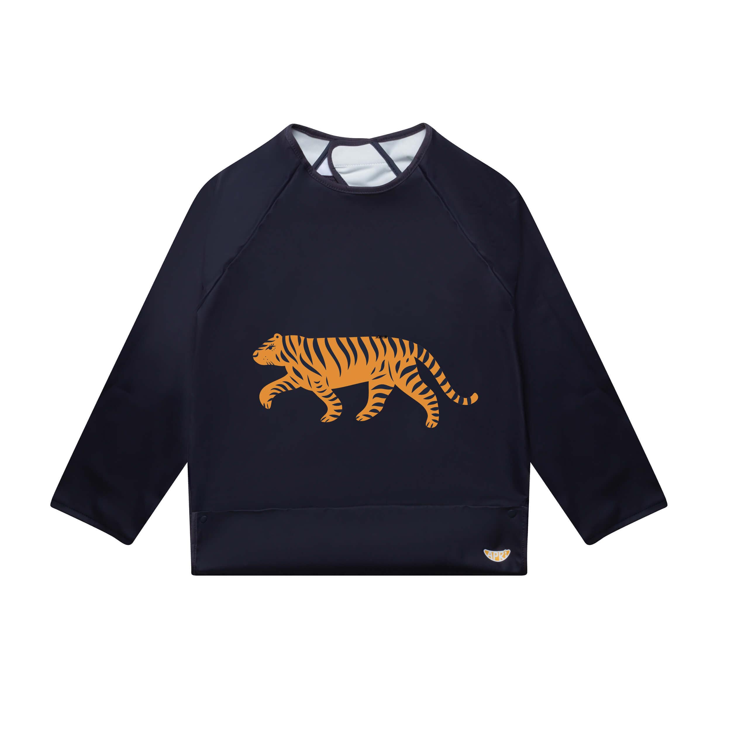 Apri Reusable Disability Bibs: Stylish dark blue long-sleeves for kids, teens, and adults. Tiger graphic and convenient food pocket included