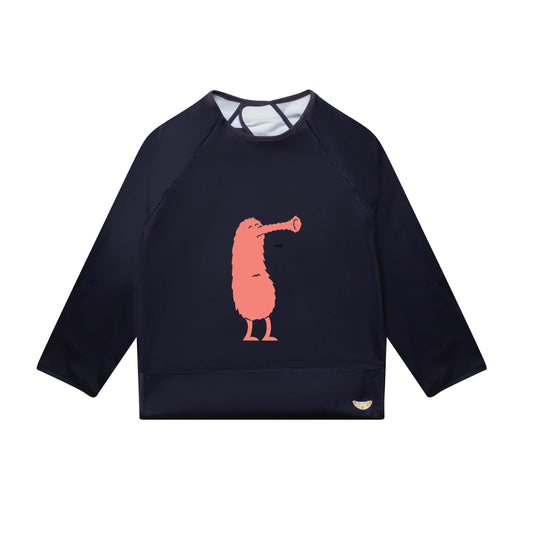 Apri Bib: Washable for kids, teens, and adults with disabilities. Long sleeves, classic dark blue, cute trumpet monster print, and a handy food pocket