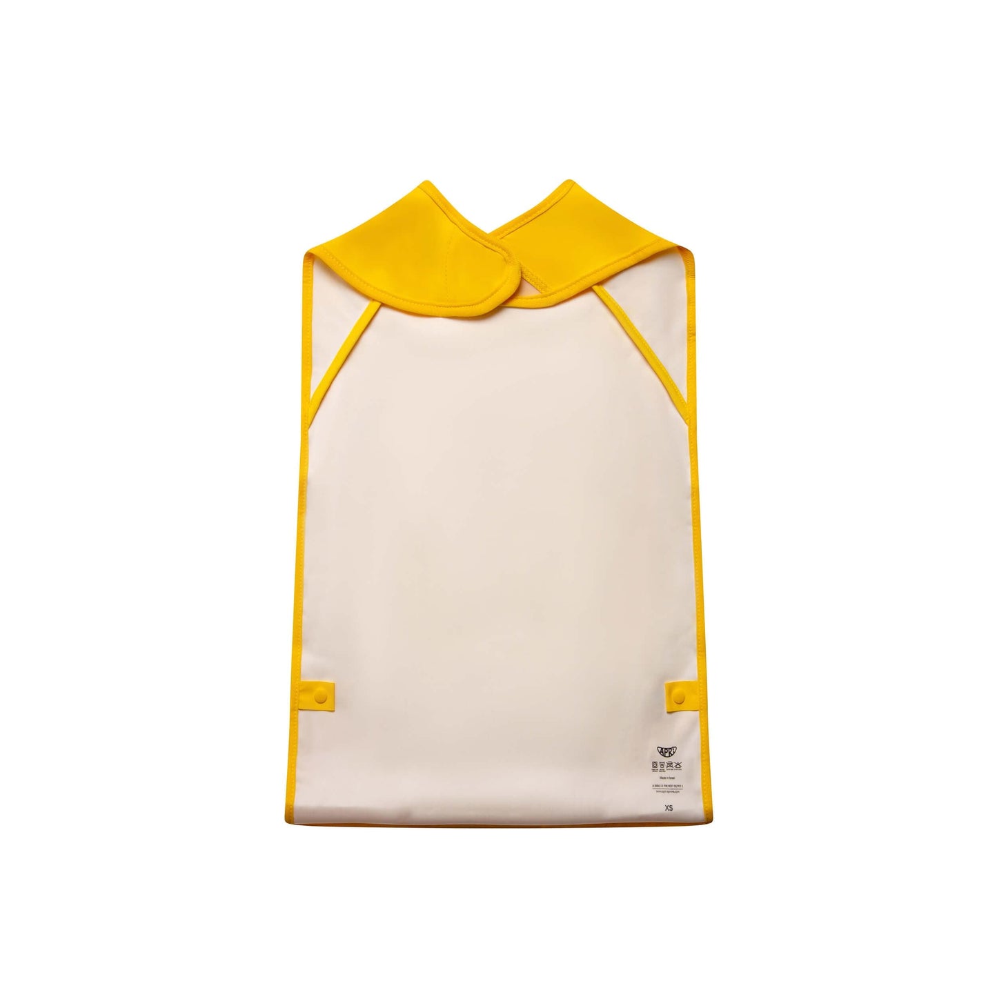 Sleeveless waterproof bib for kids, teens, and adults. Apri bibs bold yellow with food pocket and innovative silicone fastener.