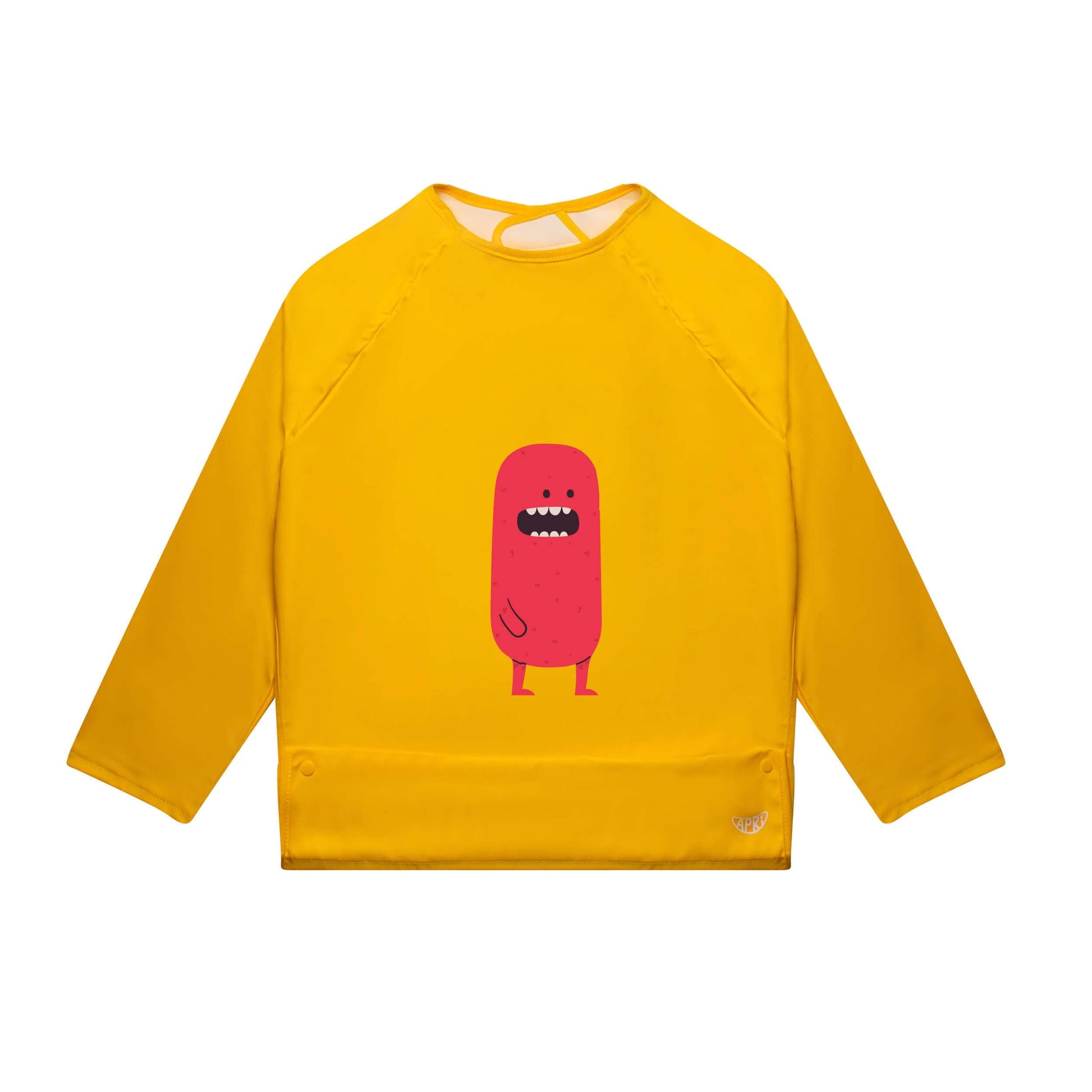 Apri Washable bib for kids, teens, and adults with disabilities. Sunshine yellow, cute red monster design, long-sleeves, and handy food pocket