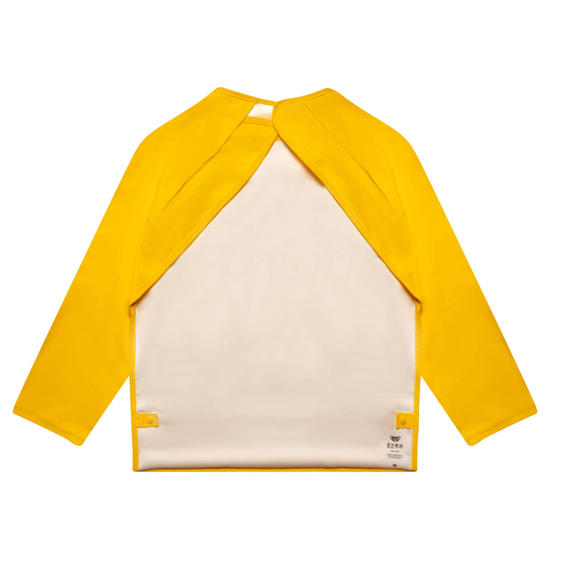 Washable bib for kids, teens, and adults with disabilities by Apri Bibs. Sunshine yellow, long-sleeves, and handy food pocket