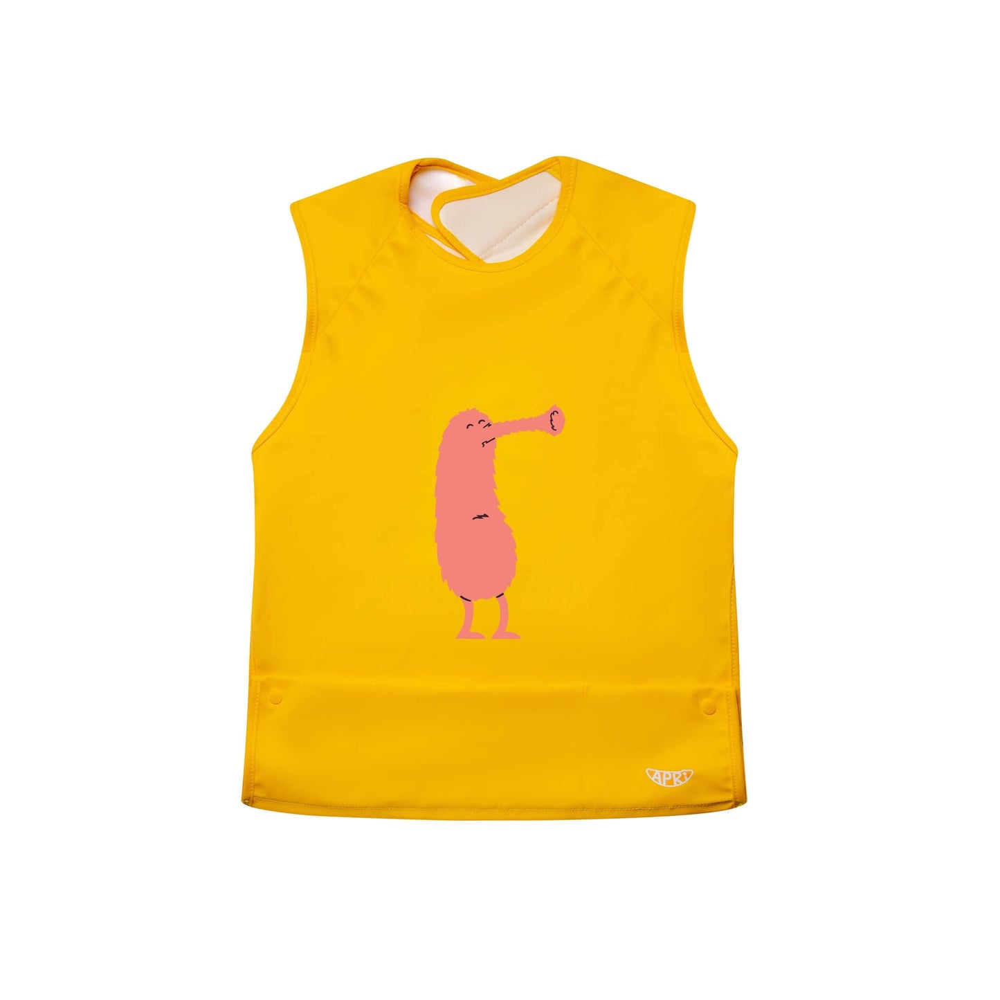 Washable special needs bib for kids, teens, and adults. Sunshine yellow with a playful pink monster cap-sleeve and food pocket!