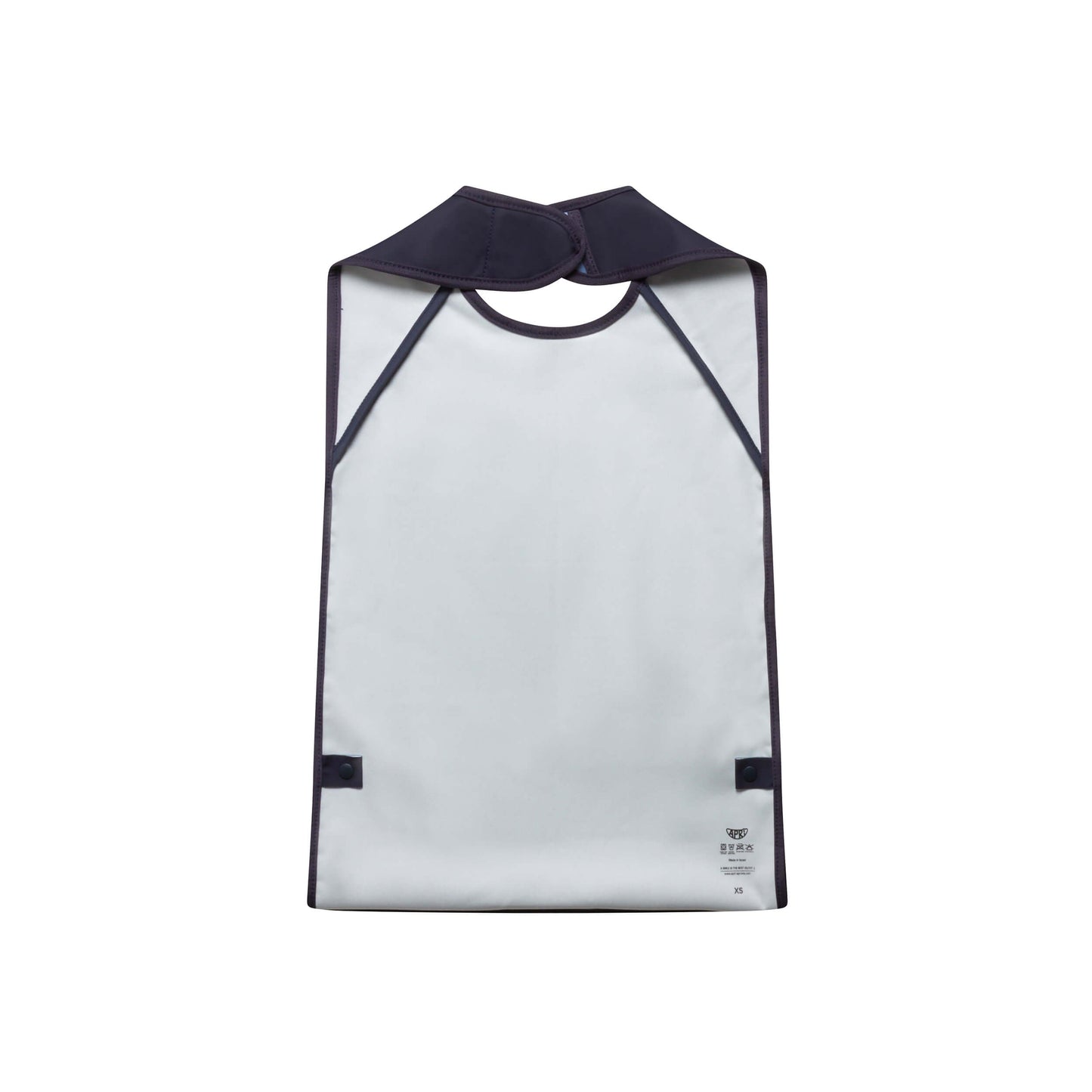 Apri bibs: Sleeveless clothing protector for adults, teens, and kids with disabilities. In classic dark blue features a food pocket and innovative fastener