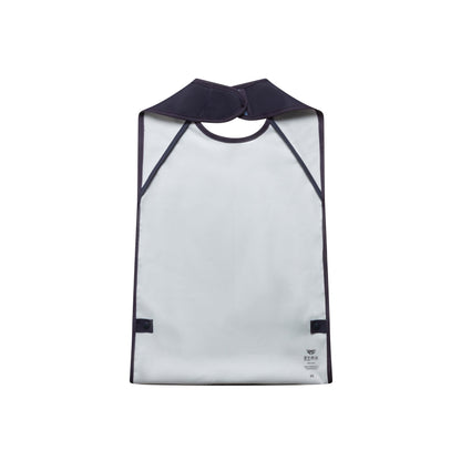Apri bibs: Sleeveless waterproof bib for kids, teens, and adults. Classic dark blue with a food pocket and innovative washable fastener.