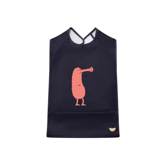Apri: Reusable dark blue bib for kids, teens, and adults with disabilities. Sleeveless, fun pink monster design, and convenient food pocket.