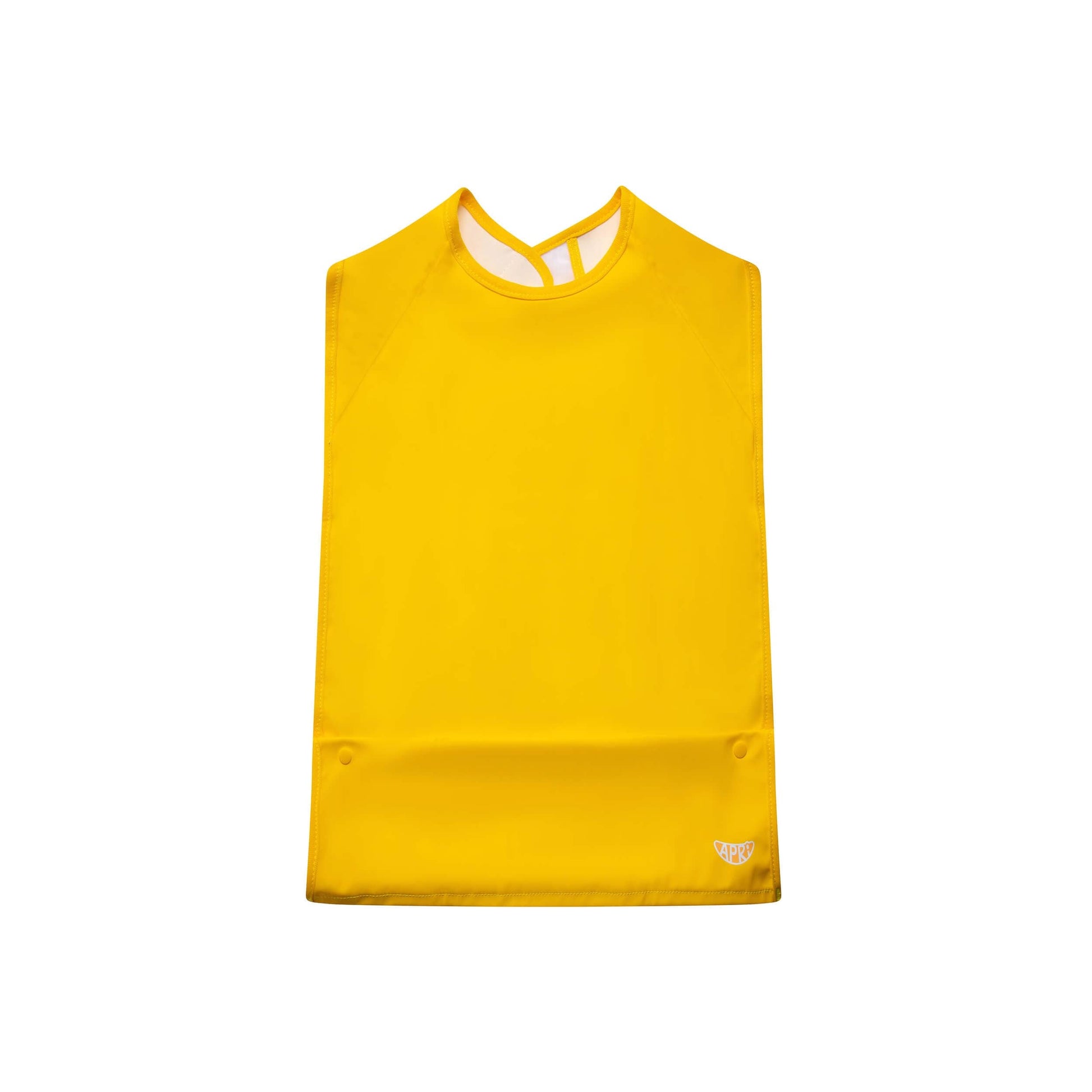 Machine washable clothes protector for adults, teens, and kids with disabilities. Innovative fastener, sleeveless sunshine yellow, and handy food pocket.