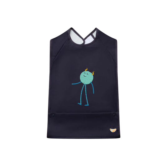 Apri special needs bibs: Classic dark blue, sleeveless design for adults, teens, and kids. Features a food pocket, innovative fastener, and cute monster graphic