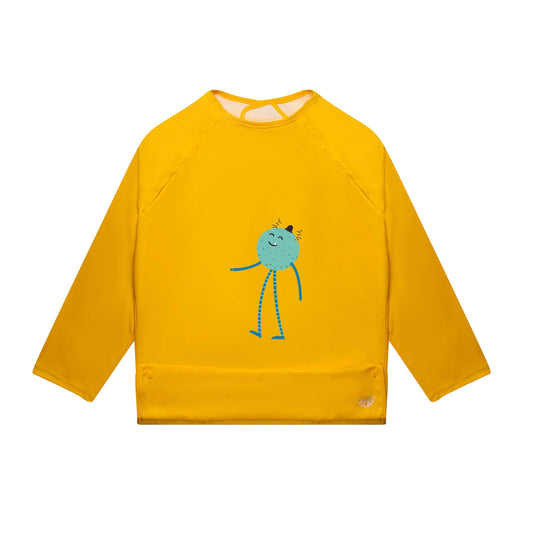 Apri Disability Bibs: Stylish yellow long-sleeves for kids, teens, and adults with a cute monster print. Food pocket included.