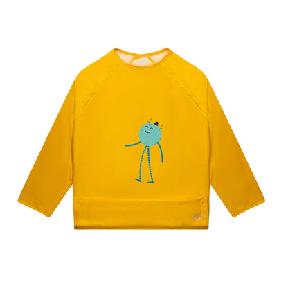 Apri Disability Bibs: Stylish yellow long-sleeves for kids, teens, and adults with a cute monster print. Food pocket included.
